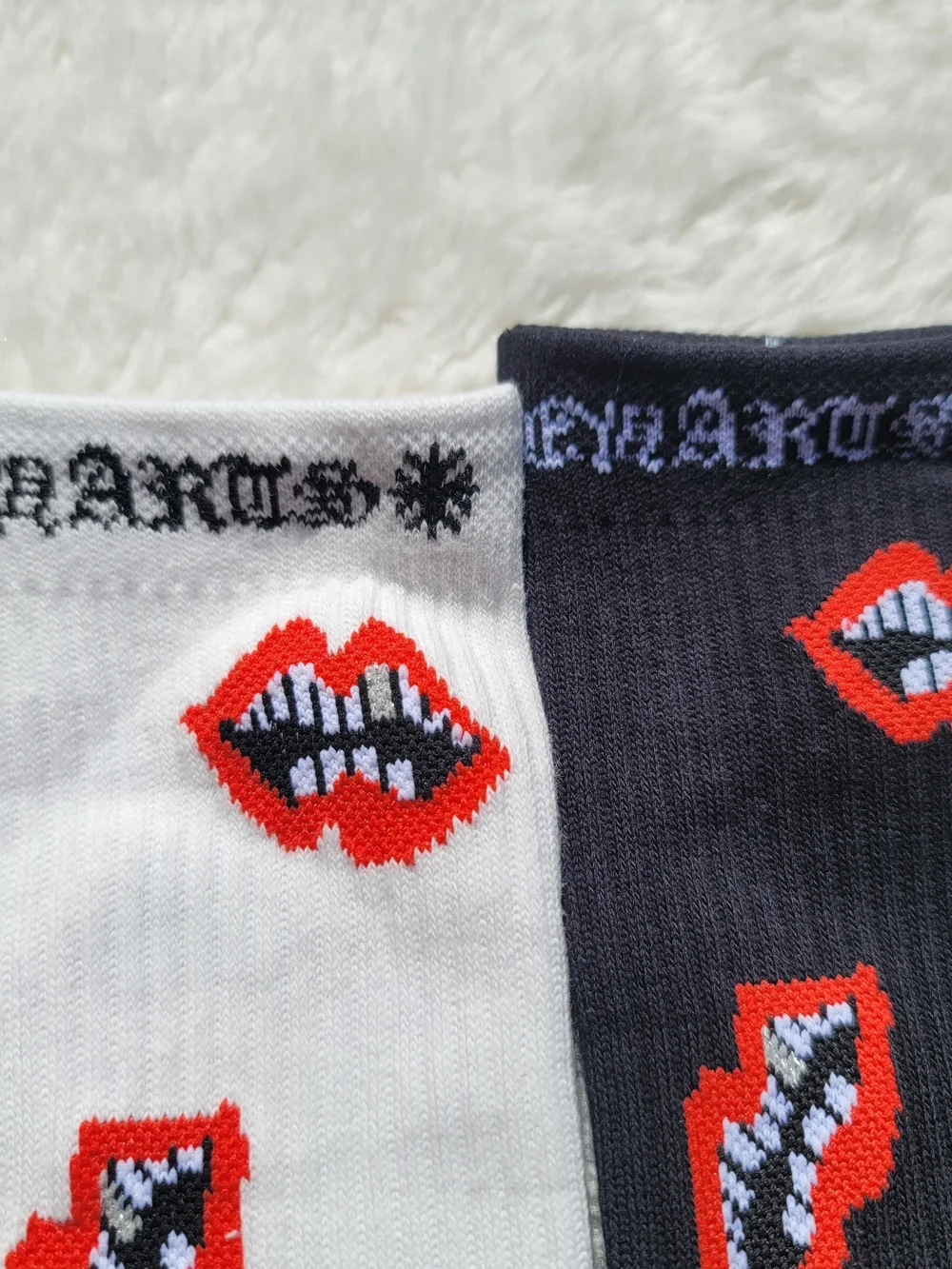 Chrome Hearts Red Lip Pattern Crew Socks - White & Black